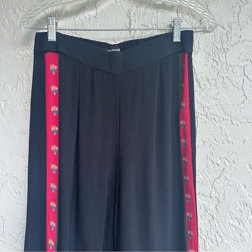 Desigual Black Wide Leg Pants with Red Floral Trim - Picture 4 of 11